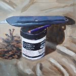 Still Life Painting of Knife, pencil, cone and pot