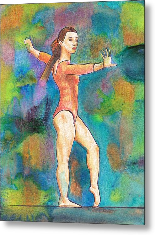 Gymnast on Beam - a painting in acrylic ink and coloured pencils.