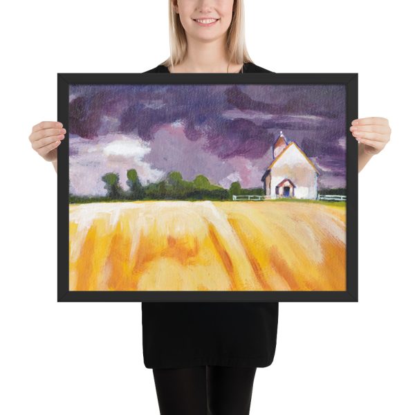 Cottage, Yellow Fields and Purple Sky Painting, Framed Print Wall Art