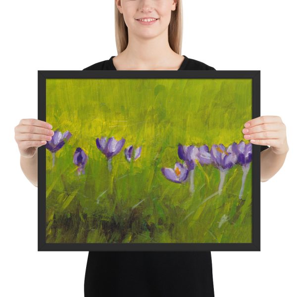 Crocus Flowers in Grass Painting Framed Print Wall Art