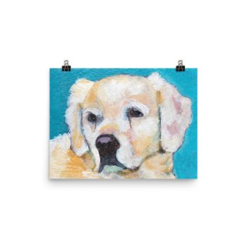 White Puppy on Blue Poster Print Wall Art