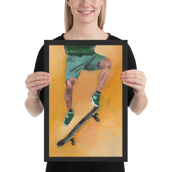 Skateboarder in Green Framed Print Wall Art