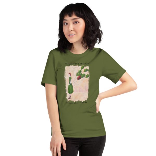 Woman wearing olive green tshirt | Girl and balloons T-shirt