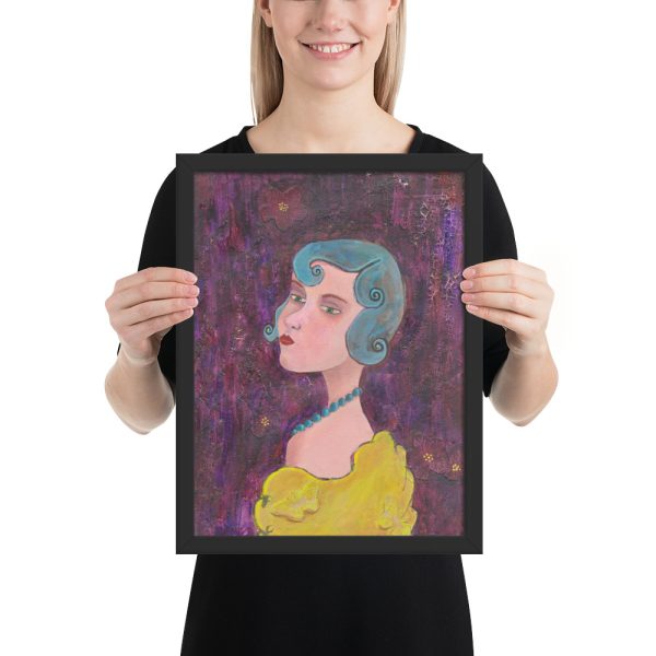 Lady with Blue Curls, Mixed Media Painting, Framed Print Wall Art