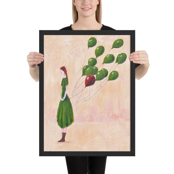 Girl with Green Balloons Painting, Framed Print Wall Art