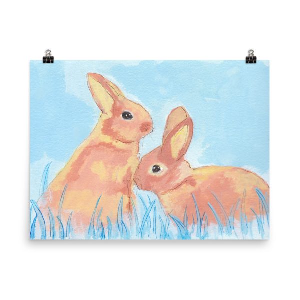 Pastel Bunnies on Blue Painting Poster Print Wall Art