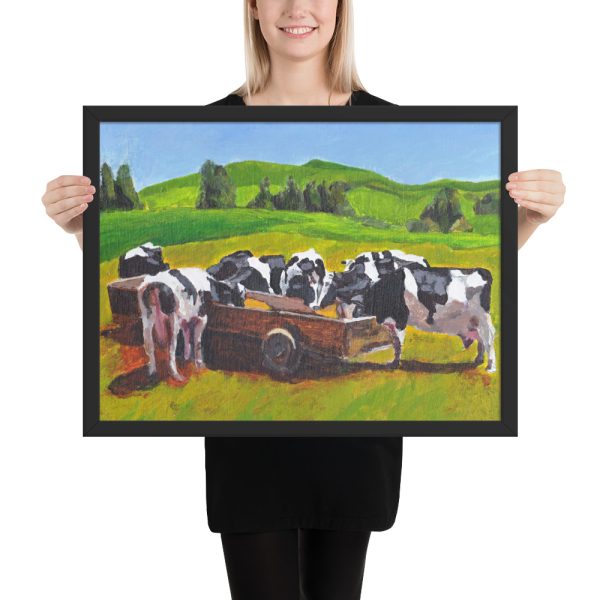 Cows Feeding from Trough Painting Framed Print Wall Art