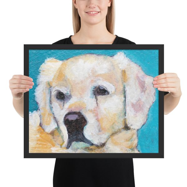 White Puppy on Blue Framed Print Wall Art