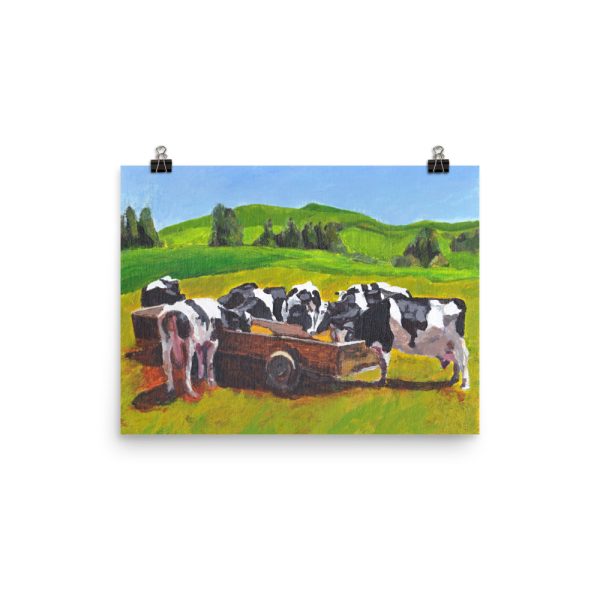 Cows Feeding from Trough Painting Poster Print Wall Art