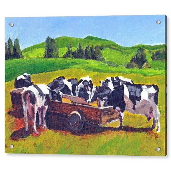 Cows Feeding in Field Painting 18 x 24 inches Acrylic Print Wall Art