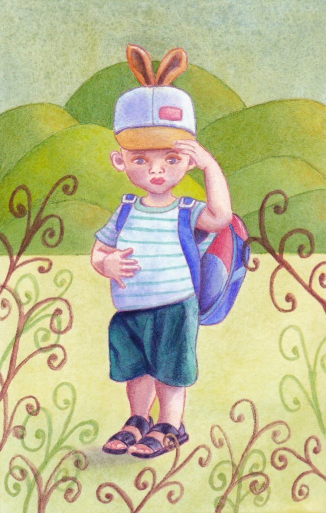 Boy in a rabbit ears cap, painted with acrylics and coloured pencisl