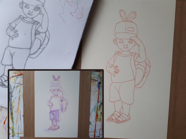 Boy in a rabbit ears cap, pencil sketch