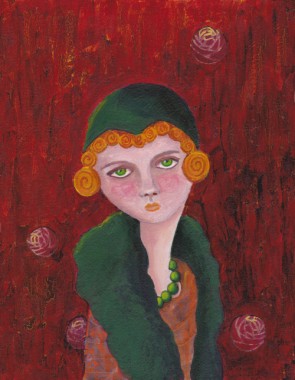 Mixed Media Lady with Orange Curls and Green Pearls