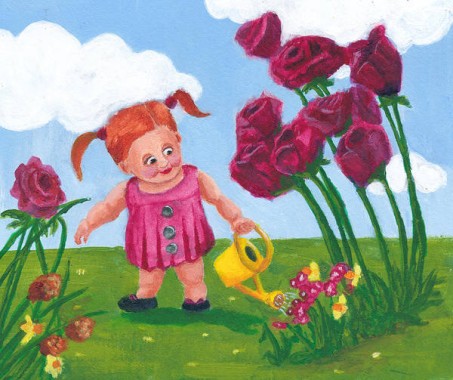 Little Girl Watering Flowers
