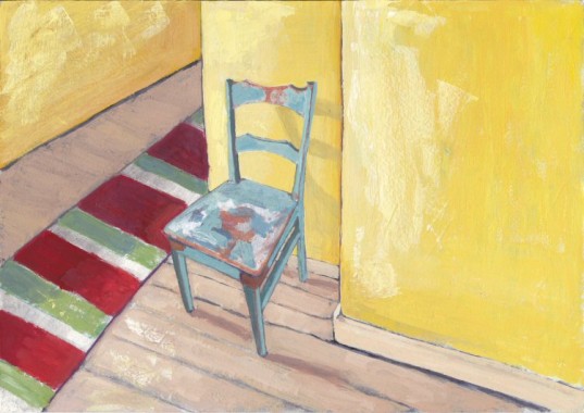 Still Life Painting of Old Teal Chair and Runner Carpet | Casein Painting